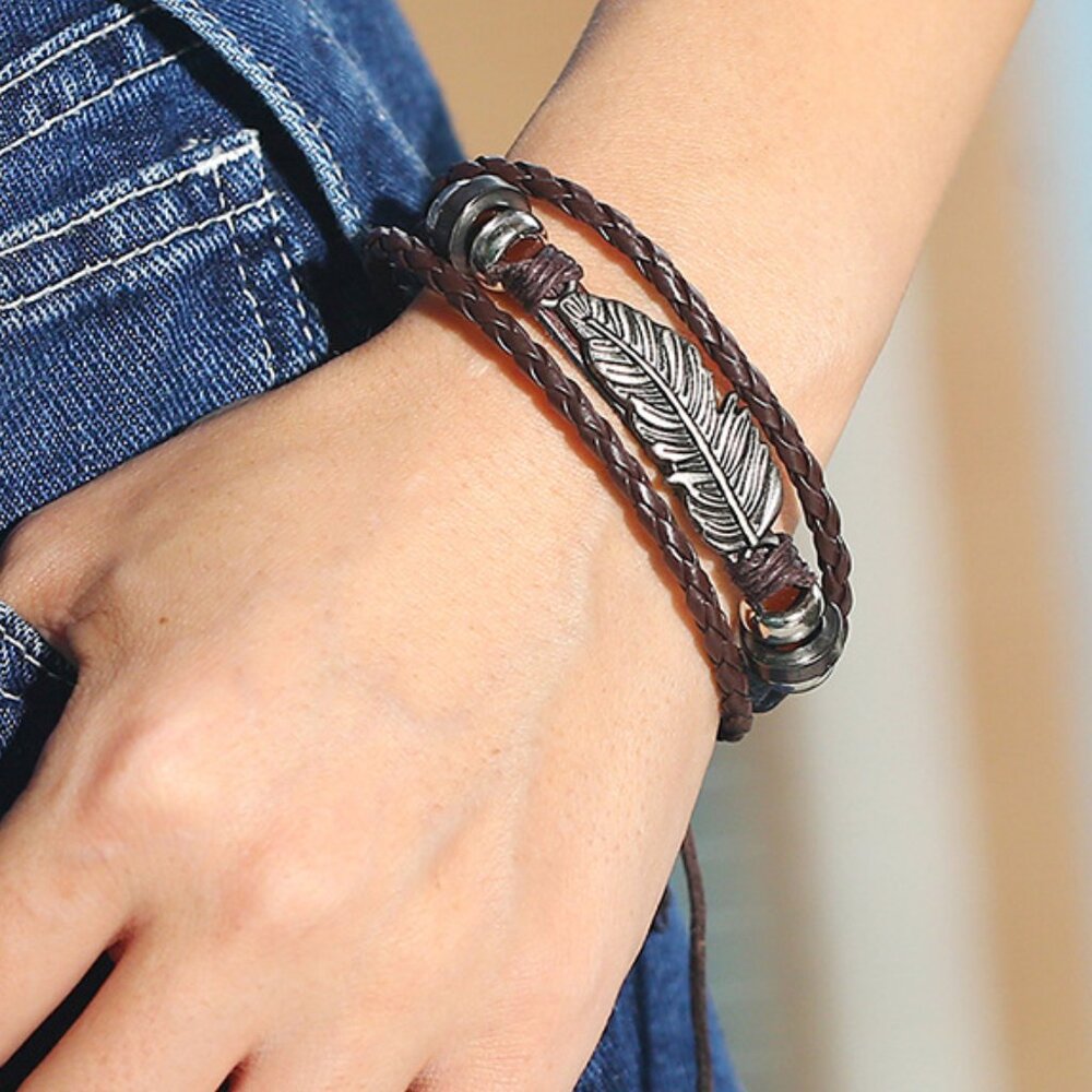 3/$35  Boho Brown Leather Feather Bracelet for Men or Women, Unisex Wristband
